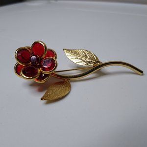 Vintage Red Flower Metal Brooch